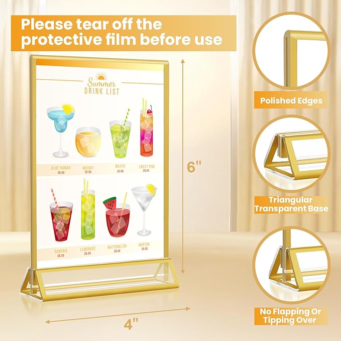 4x6 Gold Acrylic Sign Holder, 12 Pack Wedding Table Number Holder Stands with Vertical Gold Borders, Double Sided Picture Frame Paper Stand, Clear Photo Display Menu Holder for Party, Home, Restaurant