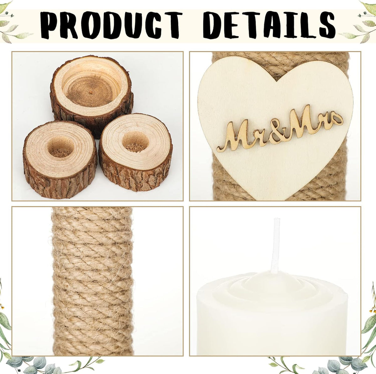 Amyhill 3 Pcs Rustic Unity Candles for Wedding Ceremony Set Mr and Mrs Burlap 1(5.9'') Pillar 2(9.8'') Taper Candles for Weddings Ceremony Events Decor Emergency Lighting(Romantic Style)