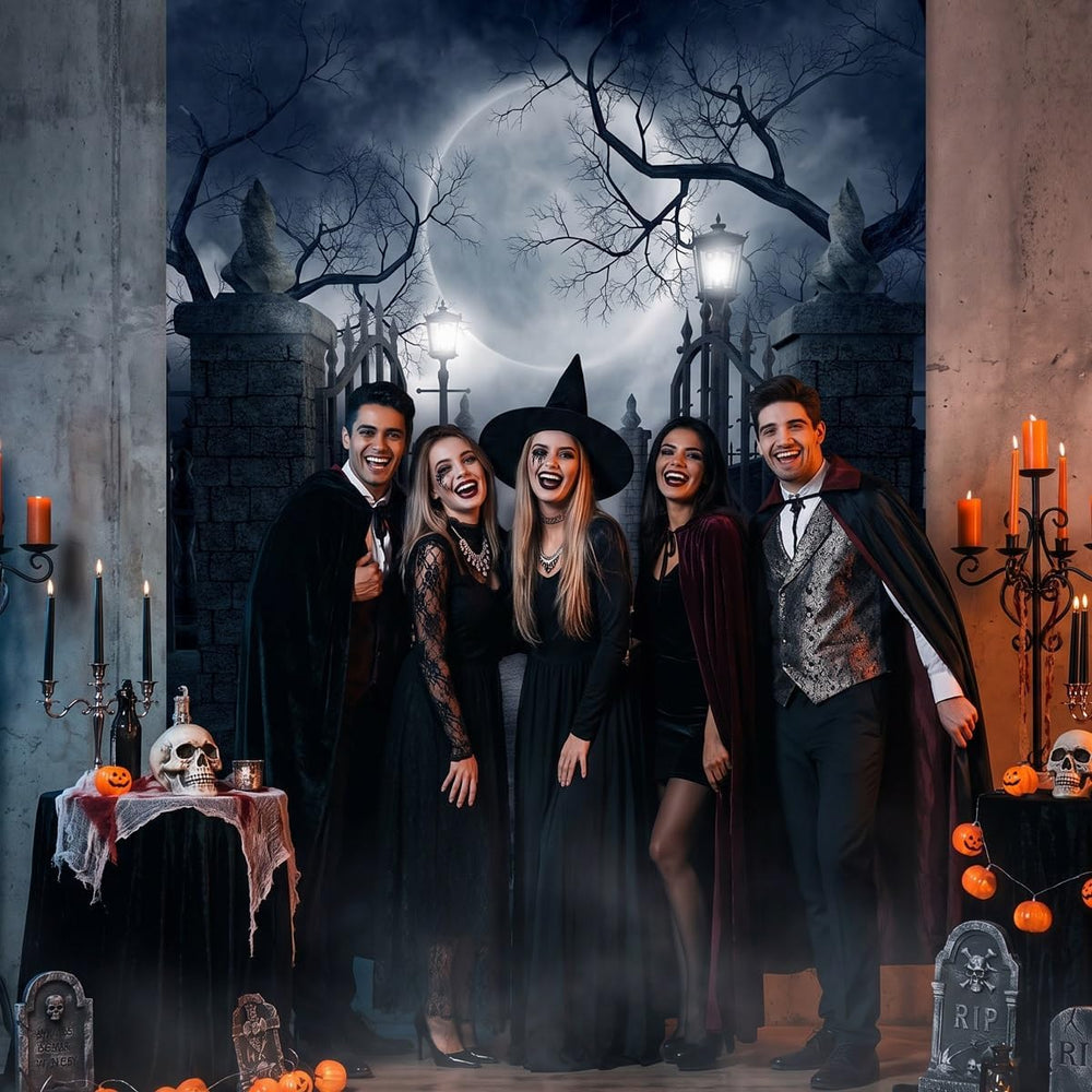INRUI Halloween Cemetery Full Moon Haunted Photography Backdrop (8x10FT)