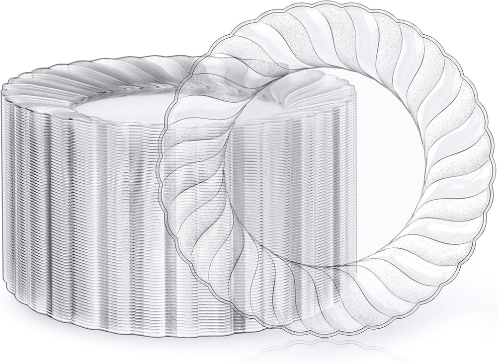 FOCUSLINE 100 Count Clear Plastic Plates, 9 Inch Disposable Dinner Plates