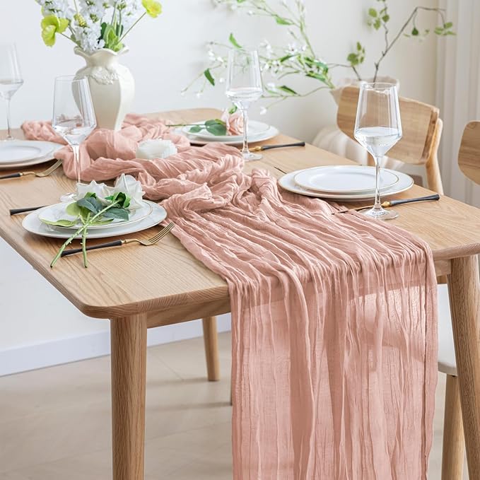 Asee'm 12pcs Cheesecloth Table Runner 120 Inches Dusty Pink Boho Gauze Cheese Cloth Runner 10FT Rustic Sheer Table Runners for Summer Wedding Baby Shower Holiday Party Decoration