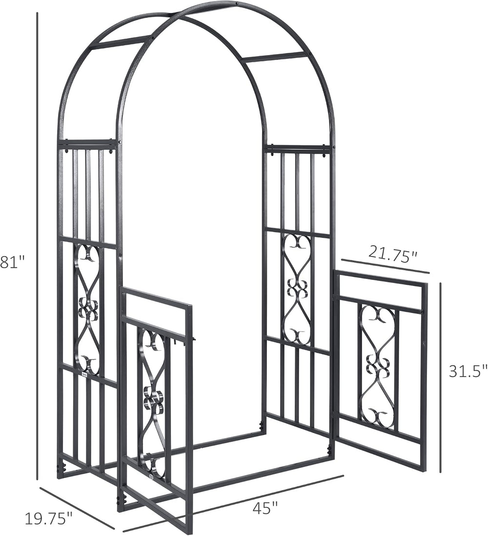 Outsunny 81" Metal Garden Arbor with Double Doors Locking Gate Arch Grey