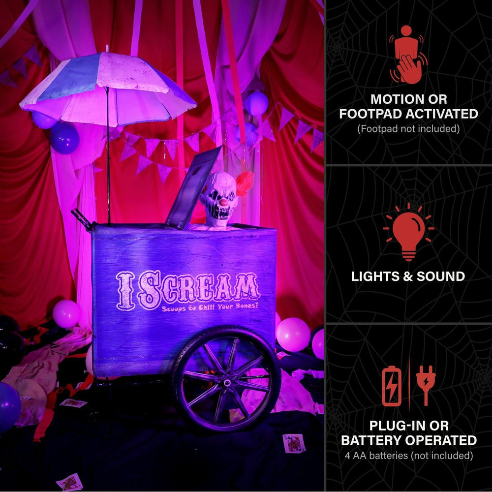 Haunted Hill Farm 6-Ft. I Scream Cart Clown Animatronic Scary Decoration
