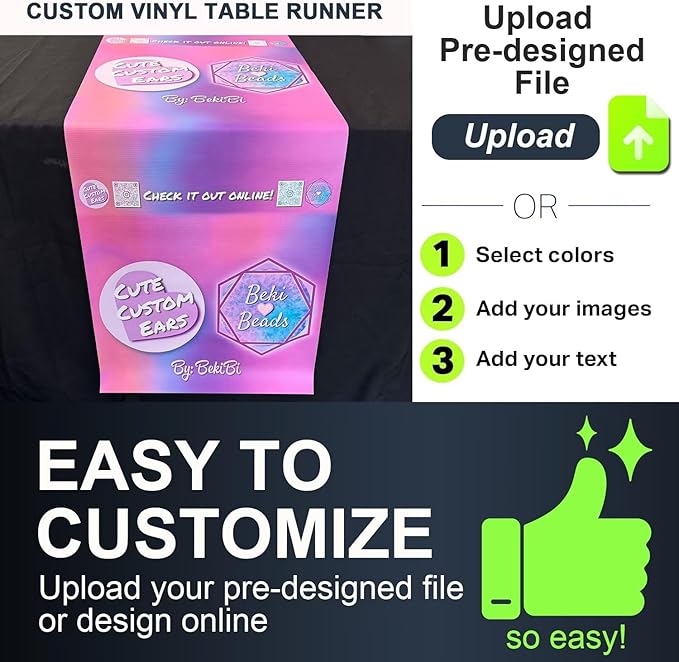 Made in USA - Custom Table Runner with Business Logo 12"x72" to 36"x72", Personalized Table Banner for Events, Birthday, Wedding