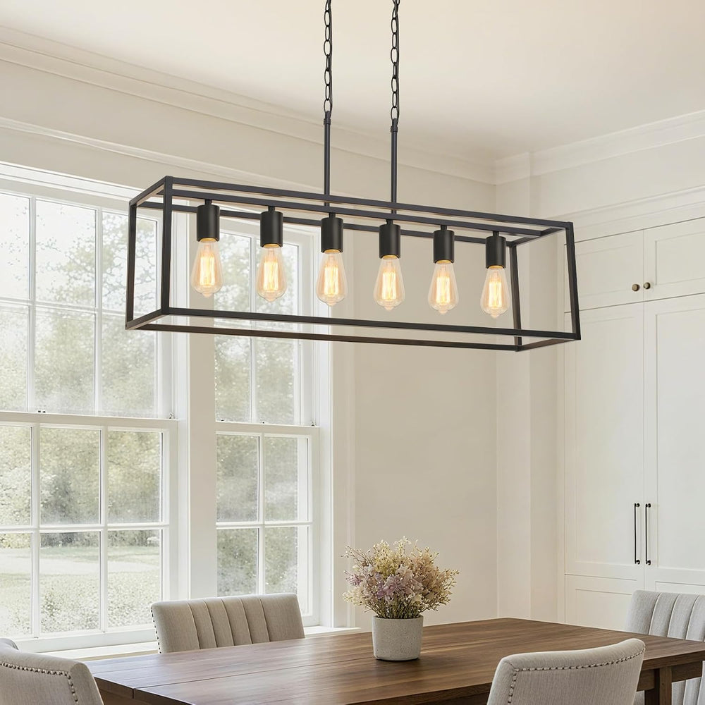 6 Light Black Chandeliers for Dining Room, Adjustable Height Linear Chandelie...