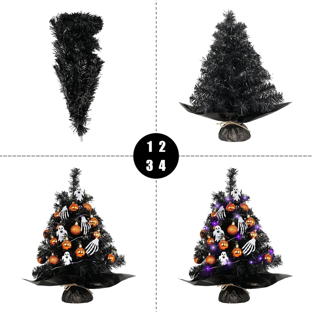 20" Mini Halloween Tree Black Tree Artificial Mini Halloween Tree with Purple LED Lights, Orange Balls Ornaments, Skeleton Hand and Ghost Decorations for Halloween Tabletop Decoration