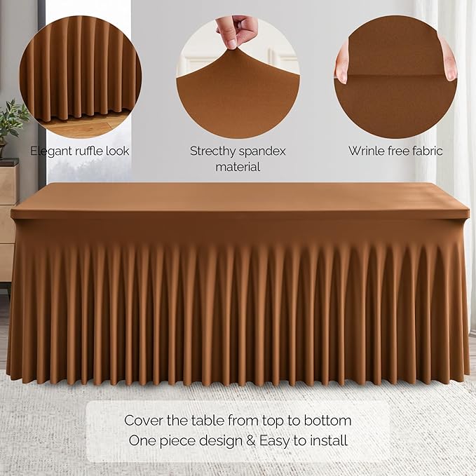 Wish Care 2 Pack Brown Spandex Table Clothes for 6 Foot Rectangle Tables, 6FT Wrinkle Free Fitted Tablecloths Ruffles Design Table Cover for Party, Banquet, Wedding and Events