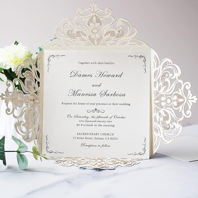 Hosmsua 6.3 x 6.3 Inch 50PCS Silver Glitter Laser Cut Hollow Lace Rose Wedding invitation Cards with Envelopes Wedding invitations for Anniversary Invite (Silver Glitter)