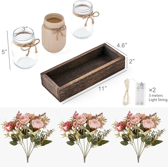 Mkono Mason Jar Lights Centerpiece Table Decorations For Dining Room Farmhouse Table Decor Tray With 3 Jars Flowers Arrangement Summer Decor For Kitchen Living Room Wedding, Pink