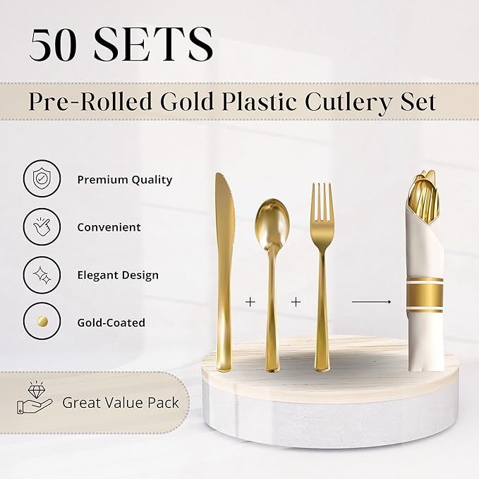 Neatiffy 50 Pack Gold Plastic Silverware Set, Pre Rolled Napkin and Cutlery Set with 50 Forks, 50 Knives, 50 Spoons, 50 Napkins, Utensils, Silverware for Parties, Weddings and Birthdays
