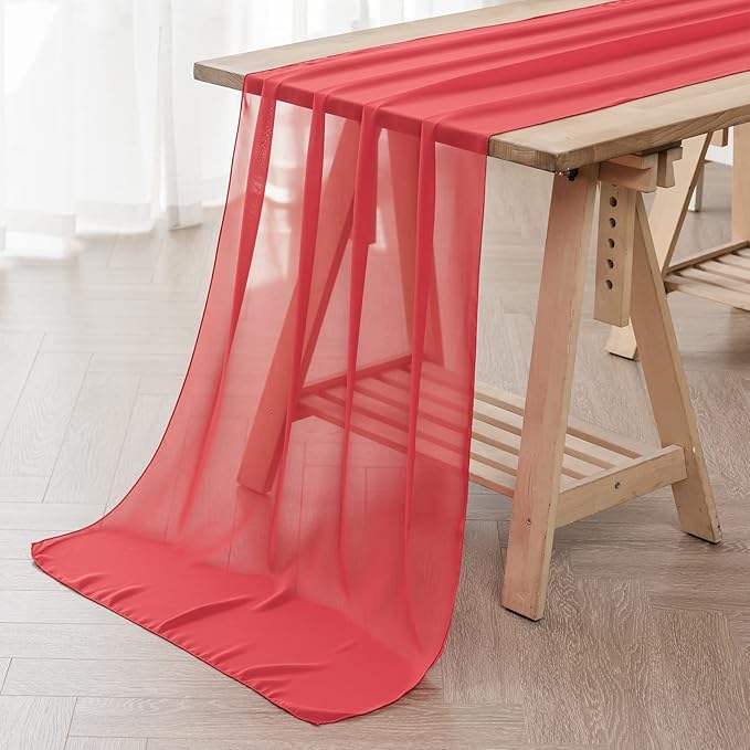 12Pack 9ft Chiffon Table Runner 14x108 Inch Sheer Romantic Table Runner for Wedding Birthday Party Bridal Shower Outdoor Decoration-Red