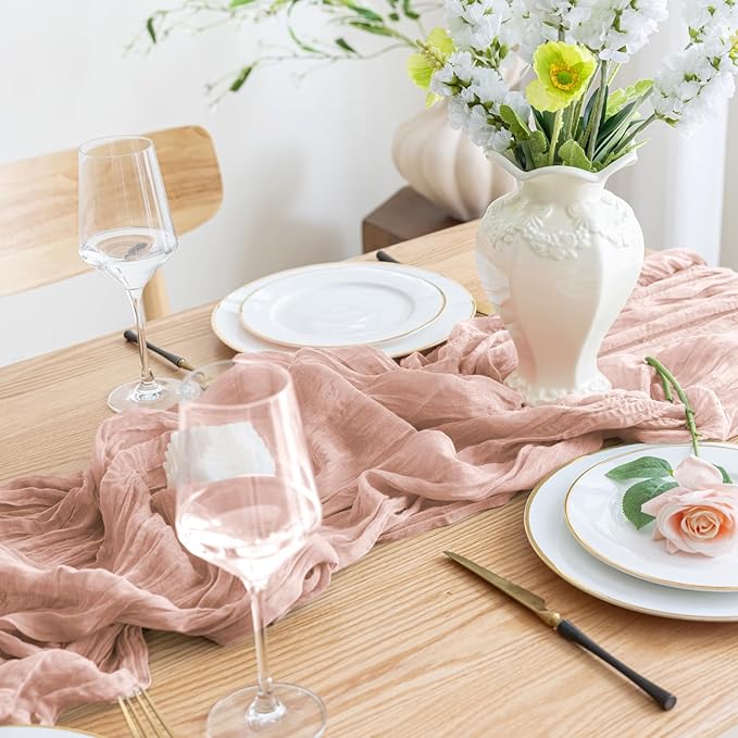 Asee'm 6PCS Table Runner Cheesecloth 10FT Dusty Pink Boho Gauze Fabric Rustic Sheer Cheese Cloth Runners for Wedding Bridal Shower Party