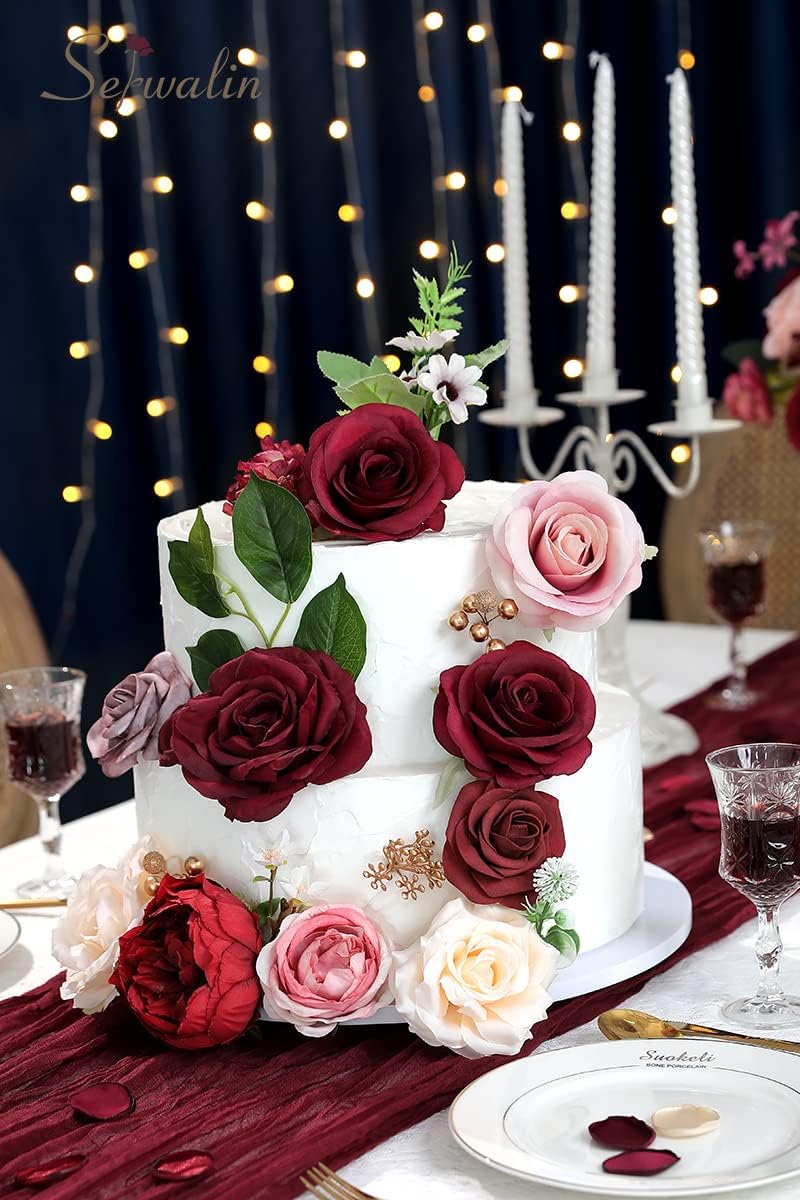 Burgundy Artificial Flowers Combo, Silk Rose Flowers for Wedding