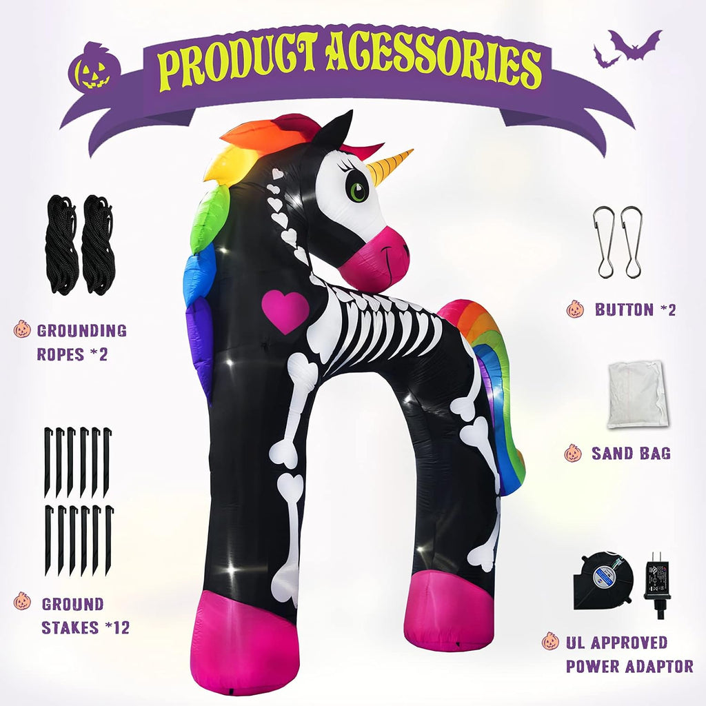 11ft giant halloween inflatables arch, rainbow skeleton unicorn, side view