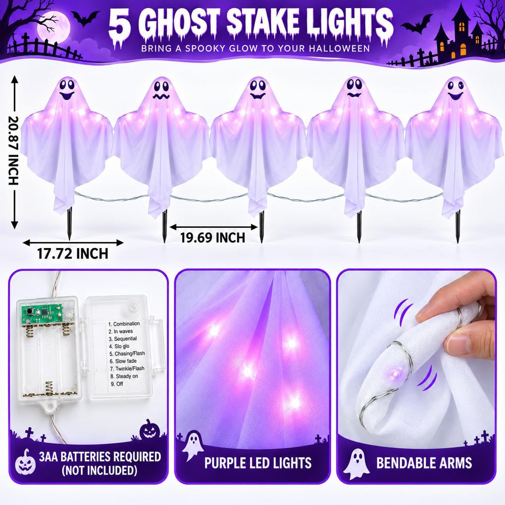 5 Pack Lighted Ghost Halloween Decorations Outdoor, 21" Cute Glowing Pur...