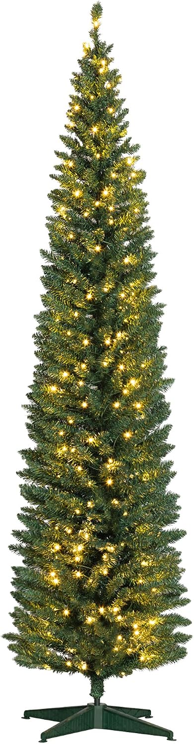 HOMCOM Noble Fir Artificial Pencil Christmas Tree Prelit 8' Green