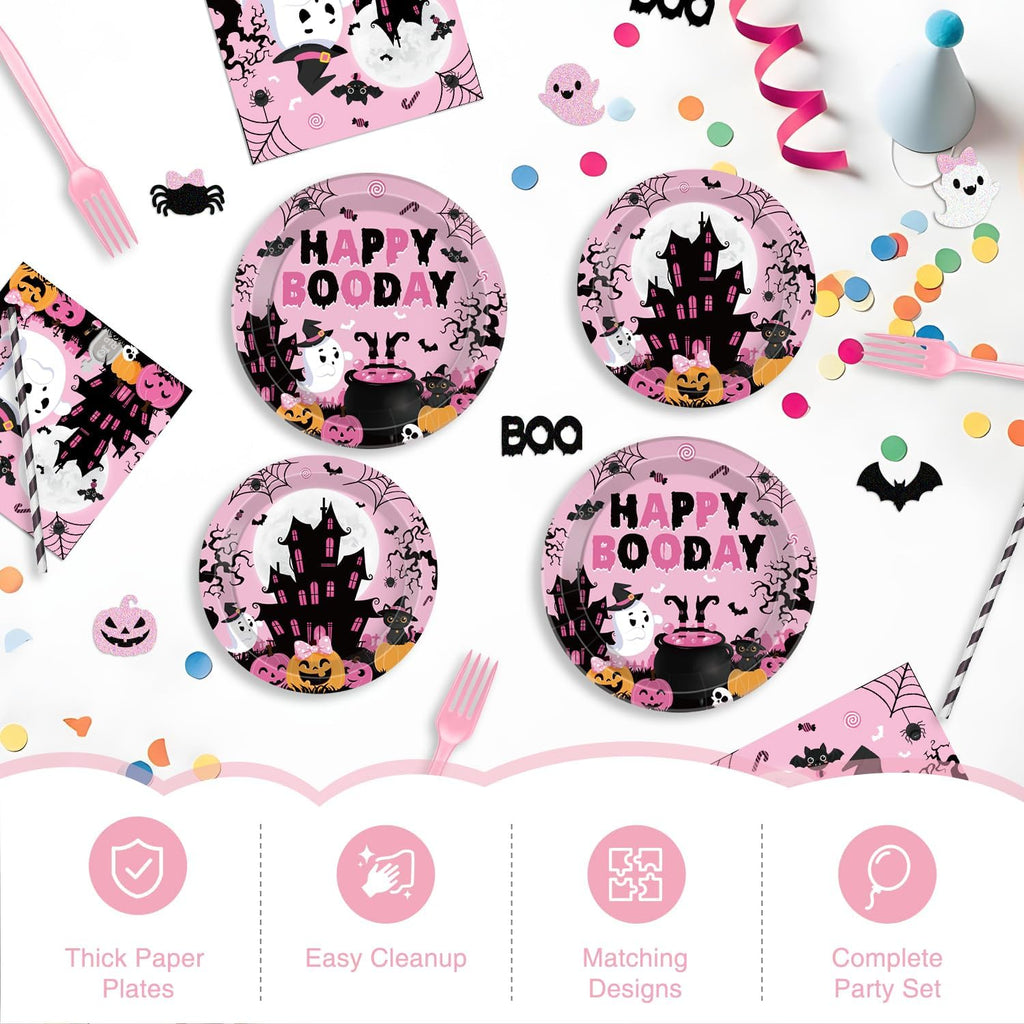Happy Booday Party Decorations, Pink Halloween Birthday Decorations for 24