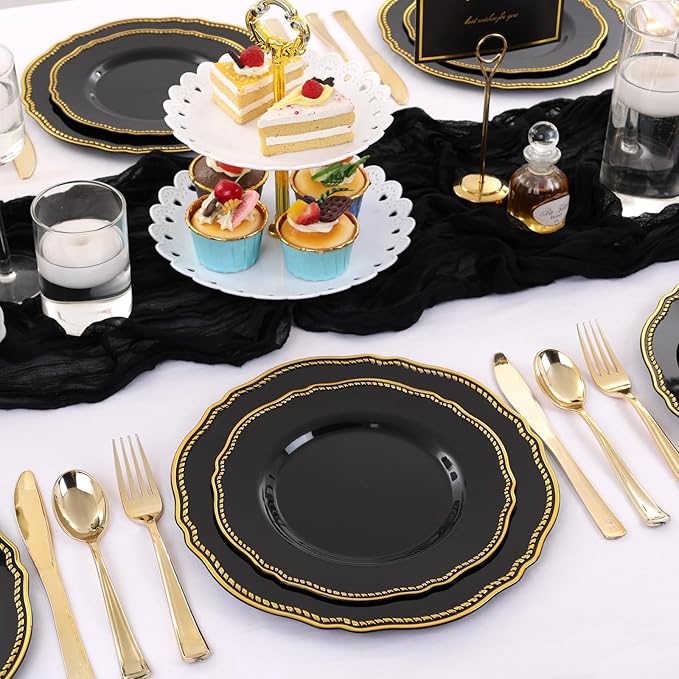 Hioasis 60pcs Balck Plastic Plates - Black and Gold Disposable Dinnerware with Gold Rim, Heavy-duty, 10.25 inch, Dinner Plates for Party & Wedding