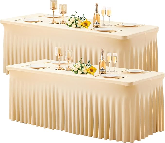 2 Pack Champagne Spandex Table Clothes for 6 Foot Rectangle Tables, 6FT Wrinkle Free Fitted Tablecloths Ruffles Design Table Cover for Party, Banquet, Wedding and Events