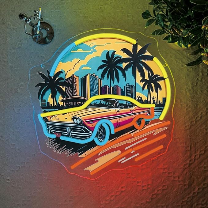 Sports Car Neon Signs for Wall Decor,Racing Car LED Signs for Bedroom,Cool UV Print Hawaiian Style Neon Sign for Boys And Girls Room,Sunset Lamp Man Cave Garage Gaming Lights Game Room Decor
