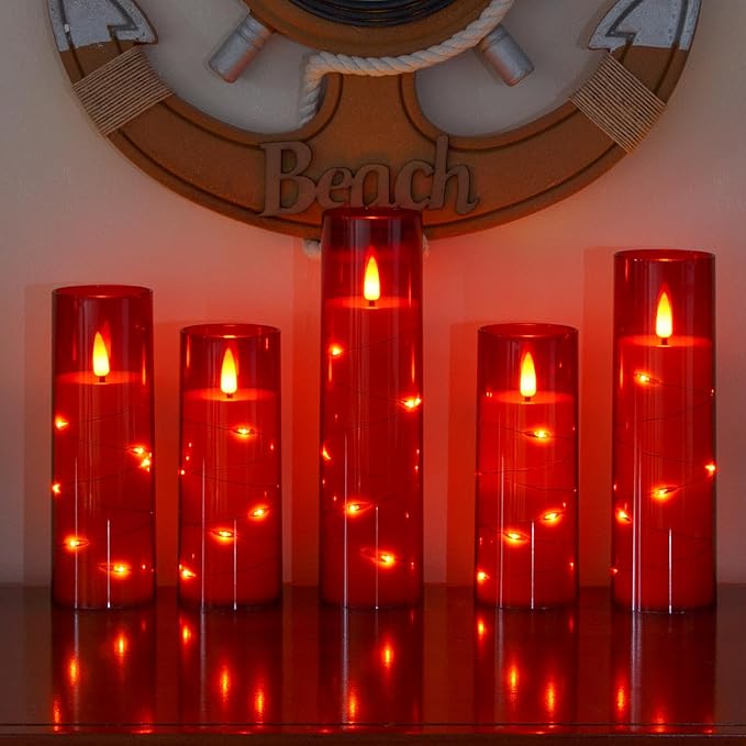 Red Flameless Candles with Remote and String Light, 2.2"x 5",5",6",7",7",8" LED Battery Operated Plastic Flickering Timer Pillar Candles(Pack of 6,Turn On/Off String Light Mode)