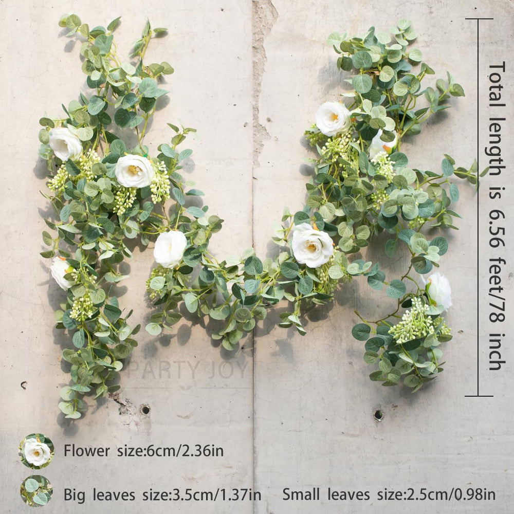 6.56ft Eucalyptus Garland with Flowers-8 White Roses, Artificial Fake Flowers...