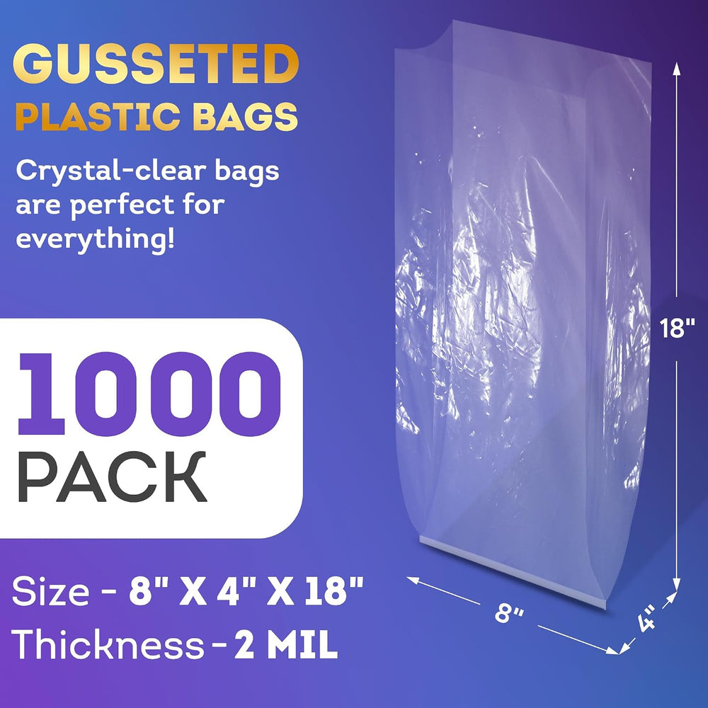 APQ Clear Gusseted Poly Bags, 8 x 4 x 18 Inch, 1000 Count