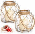 2 Set of Nautical Candle Lanterns, Clear Glass Jar Coastal Decor with Rope Handle, LED Candles, Shells, Red Sea Star for Beach House Decor, Bathroom Table Centerpiece, Wedding Party