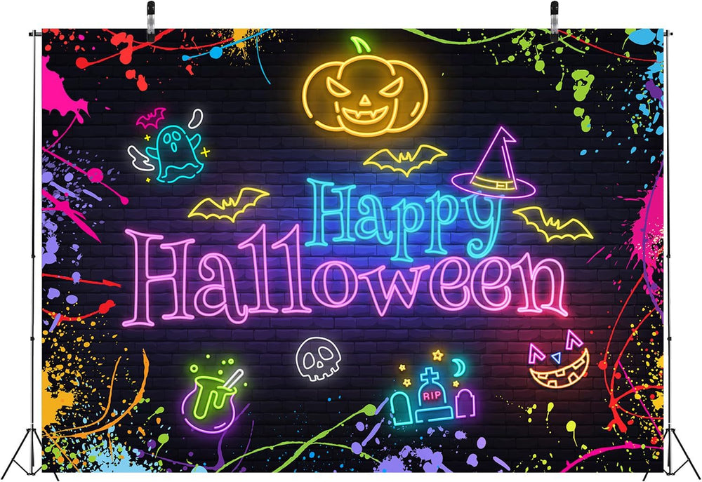 Happy Halloween Backdrop Neon Halloween Colorful Splatter Graffiti Decor