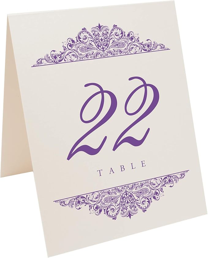 Paisley Wedding Table Numbers (Select Color/Quantity), Champagne, Purple, 1-60, Double Sided, Tent or Use in a Stand, Great for Parties & Restaurants - Made in the USA