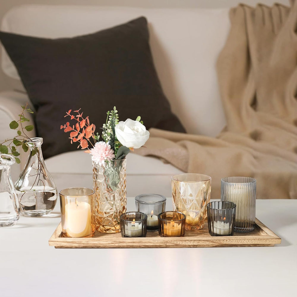 Rustic Wooden Tray with 8 Brown Glass Votive Candle Holders