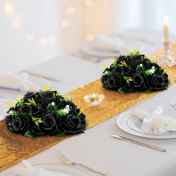BLOSMON Flower Balls Wedding Rose Centerpieces 10 Pcs Black Fake Flowers Kissing Balls Decor Artificial Floral Arrangements Flower Bouquet of Roses Home Party Room Table DIY Decorations