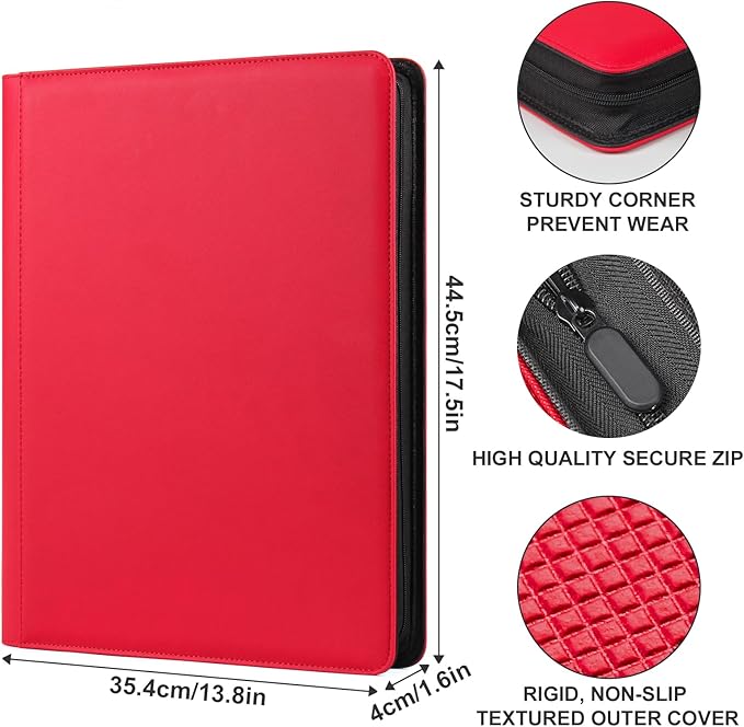 GEAoffice 16 Pockets Trading Card Binder for 1000+ Cards, Sturdy Large Side Loading Zipper Collection Binder for MTG, TCG, Game & Sport Cards, Red