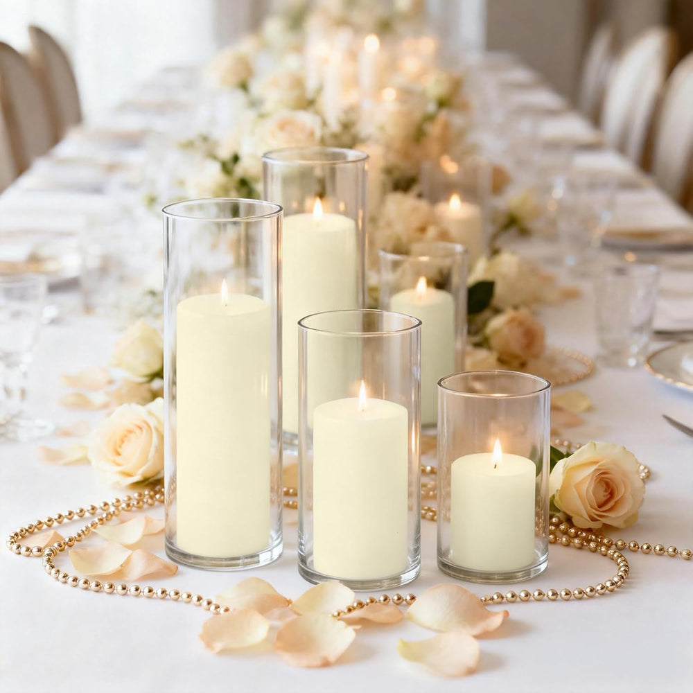 24 PCS Ivory Pillar Candles and Glass Cylinder Vases