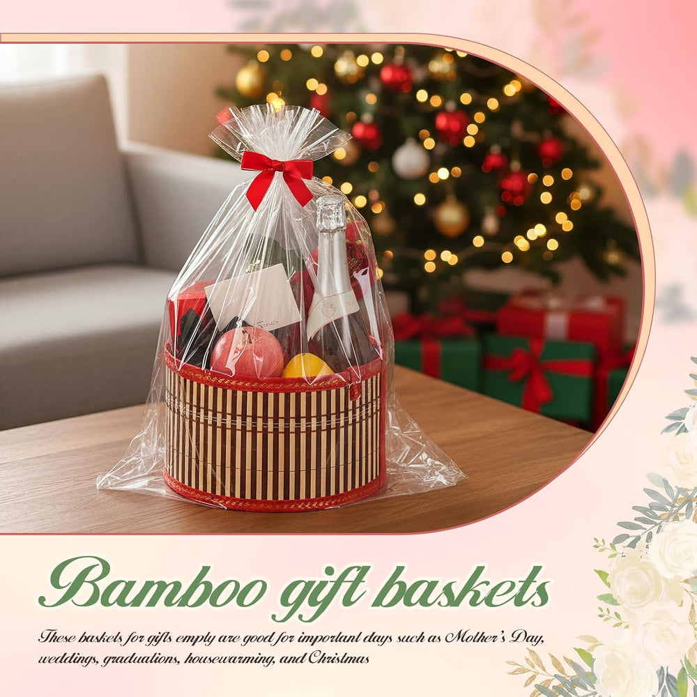 12 Set Empty Gift Baskets to Fill for Raffle, Bamboo, Red
