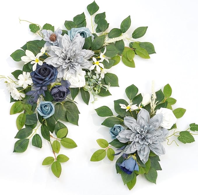 Wedding decor (pack of 2) Welcome Sign Flower Backdrop Garland For Ceremony Reception Wall Easel Home Decoration Entryway Faux Outdoor Board Head Table Decor (Dusty Blue & Navy)