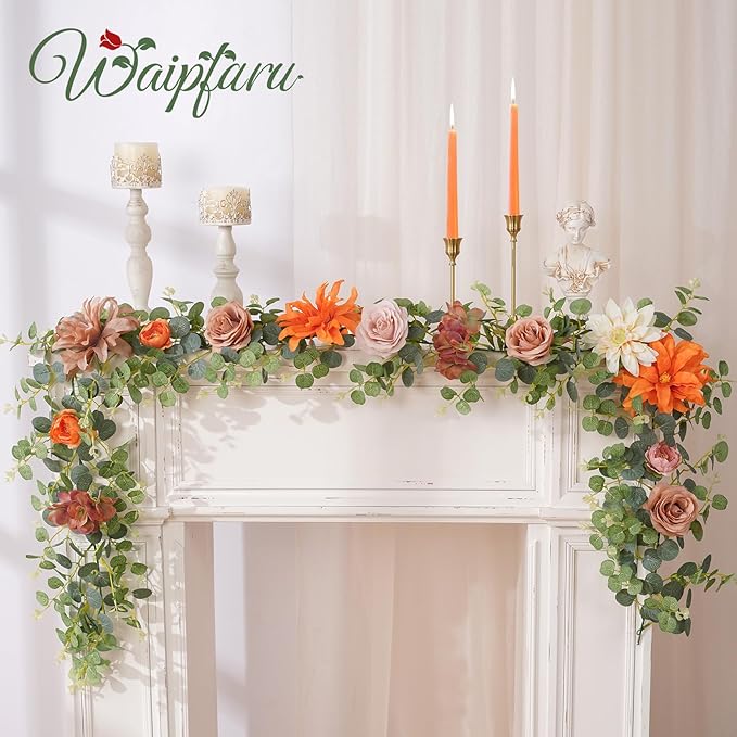 Waipfaru 2Pcs Fall Garland Decor, 6.07Ft Eucalyptus Flower for Table, Fall Floral With Terracotta Flowers for Wedding Arch Backdrop Wall Thanksgiving Decorations (Terracotta)