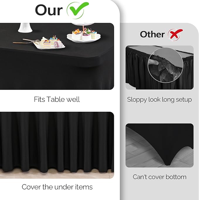 Wish Care 2 Pack Black Spandex Table Cloths for Rectangle Tables 8ft - One-Piece Wrinkle Free Fitted Table Cover 8 Foot Stretch Tablecloths for Party, Banquet, Wedding and Events