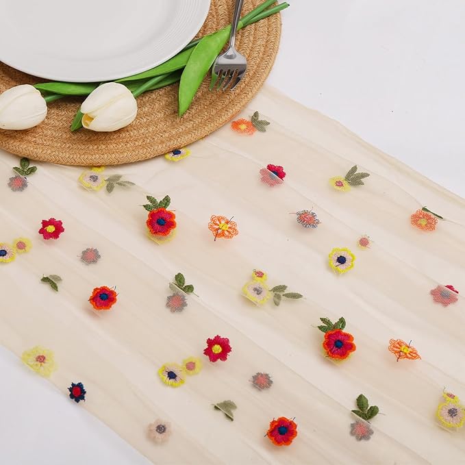 BINBE 12pcs Daisy Fall Table Runner Embroidery Gauze 10FT Florals Seasonal Tulle Holiday Birthday Kitchen Dining Table Decor for Home Party Champagne