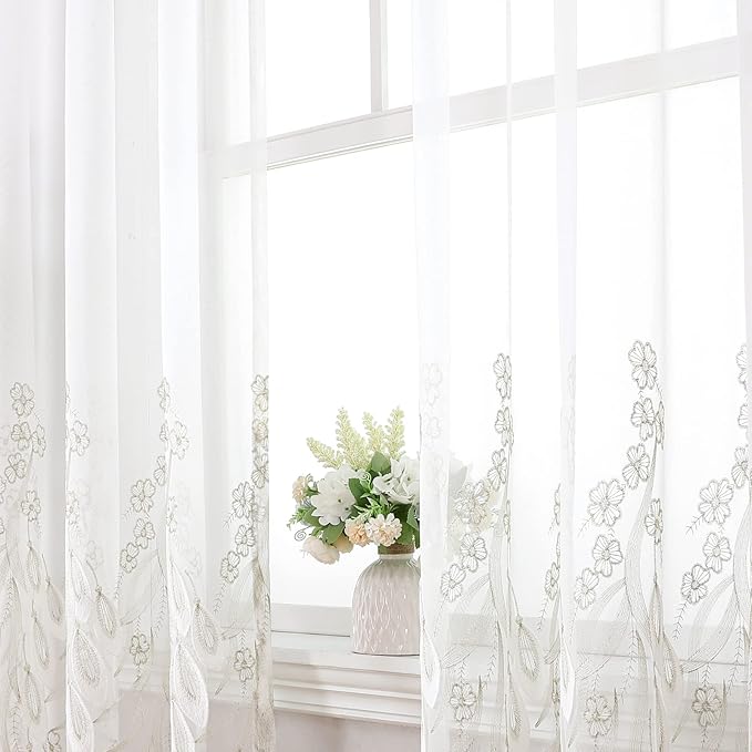 VISIONTEX White Sheer Voile Curtains, Decorative White Embossed Drip Rod Pocket Window Drapes for Home Kitchen, Living Room and Bedroom 54 x 95 Inch, Set of 2 Curtain Panels