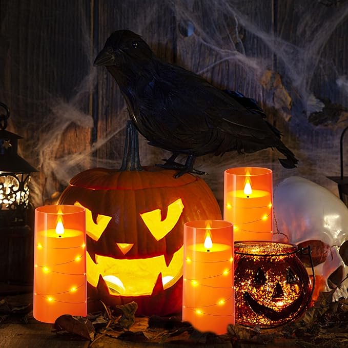 NURADA 3"x6"Flickering Flameless Candles: Built-in Star String Lights 3D Wick Battery Operated LED Pillar Candles with Remote and Timer for Halloween Thanksgiving Dinner Tables Home Fall Decor Orange