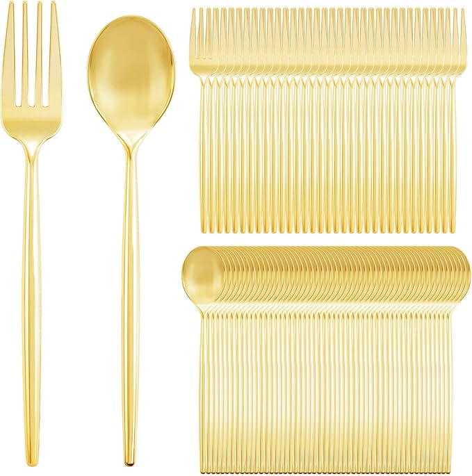 SUT 200PCS Gold Plastic Forks and Spoons Heavy Duty Set, Gold Disposable Silverware, gold Cutlery, Disposable Utensils, Plastic Flatware Includes 100 Forks, 100 Spoons for Party