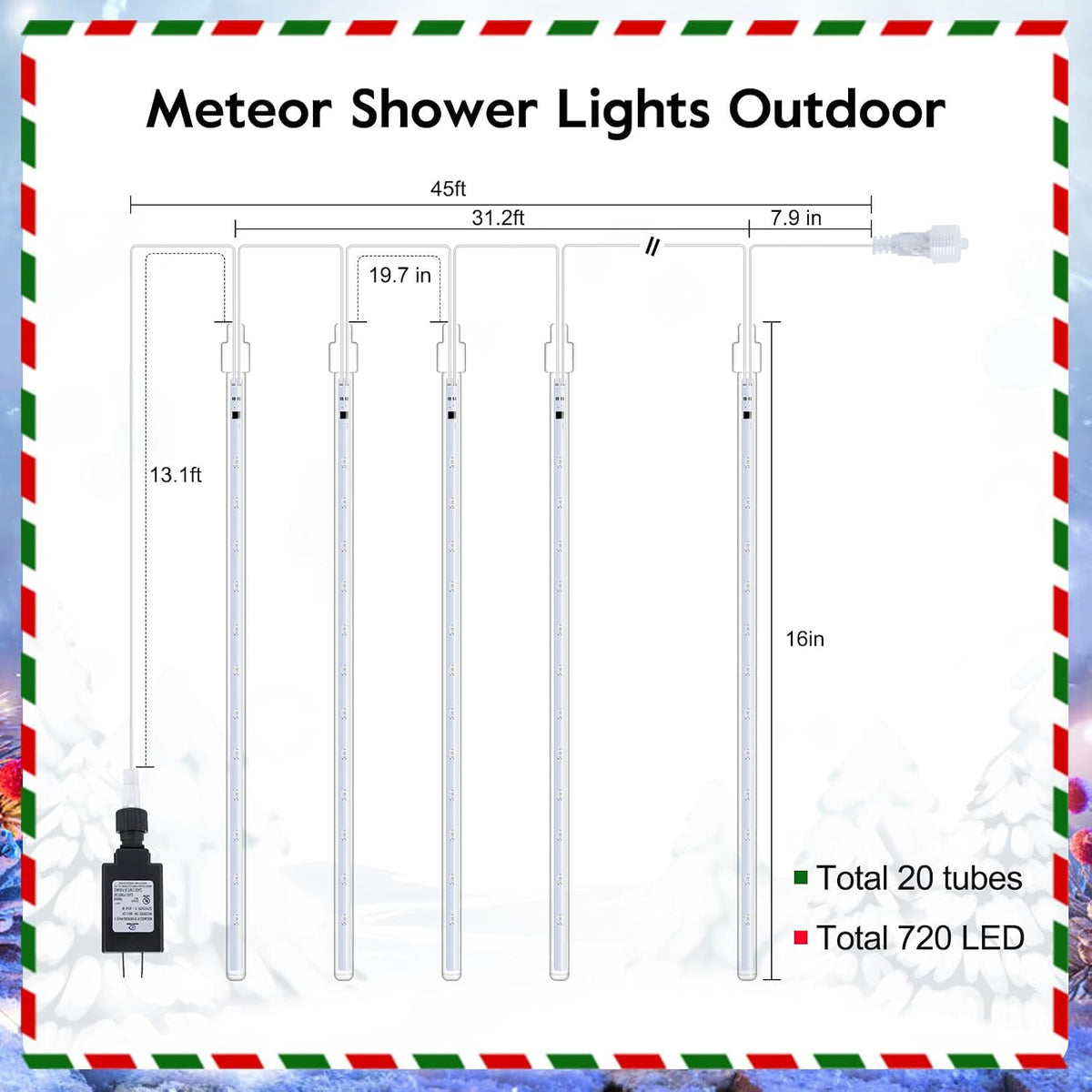 minetom meteor shower lights outdoor, 16 inch 20, side view