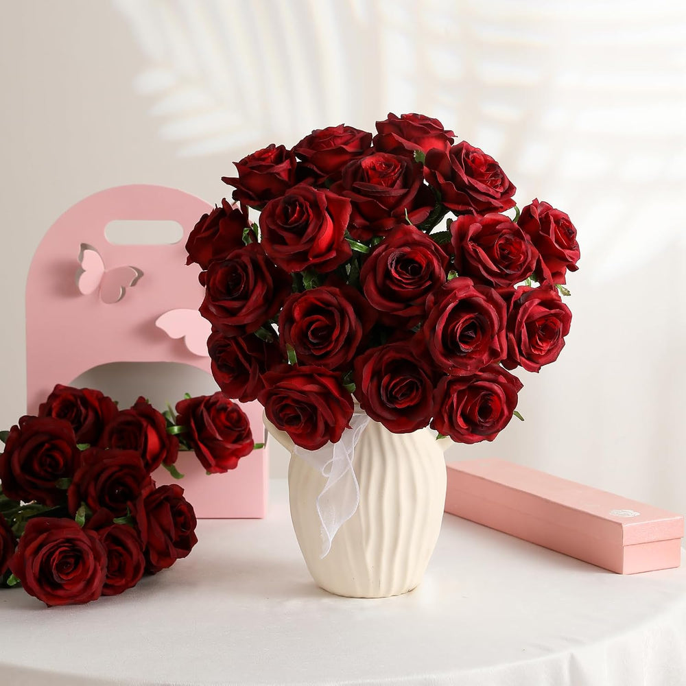Kisflower 60 Pcs Burgundy Roses Artificial Flowers Bulk, Maroon Flowers Artif...