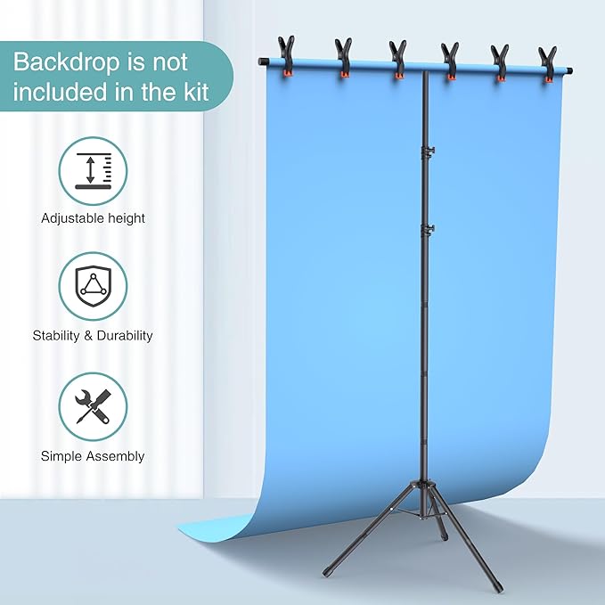 T-Shape Backdrop Stand 8x5.3FT, Height and Width Adjustable Background Stand for Parties,Green Screen Holder with 6 Spring Clamps