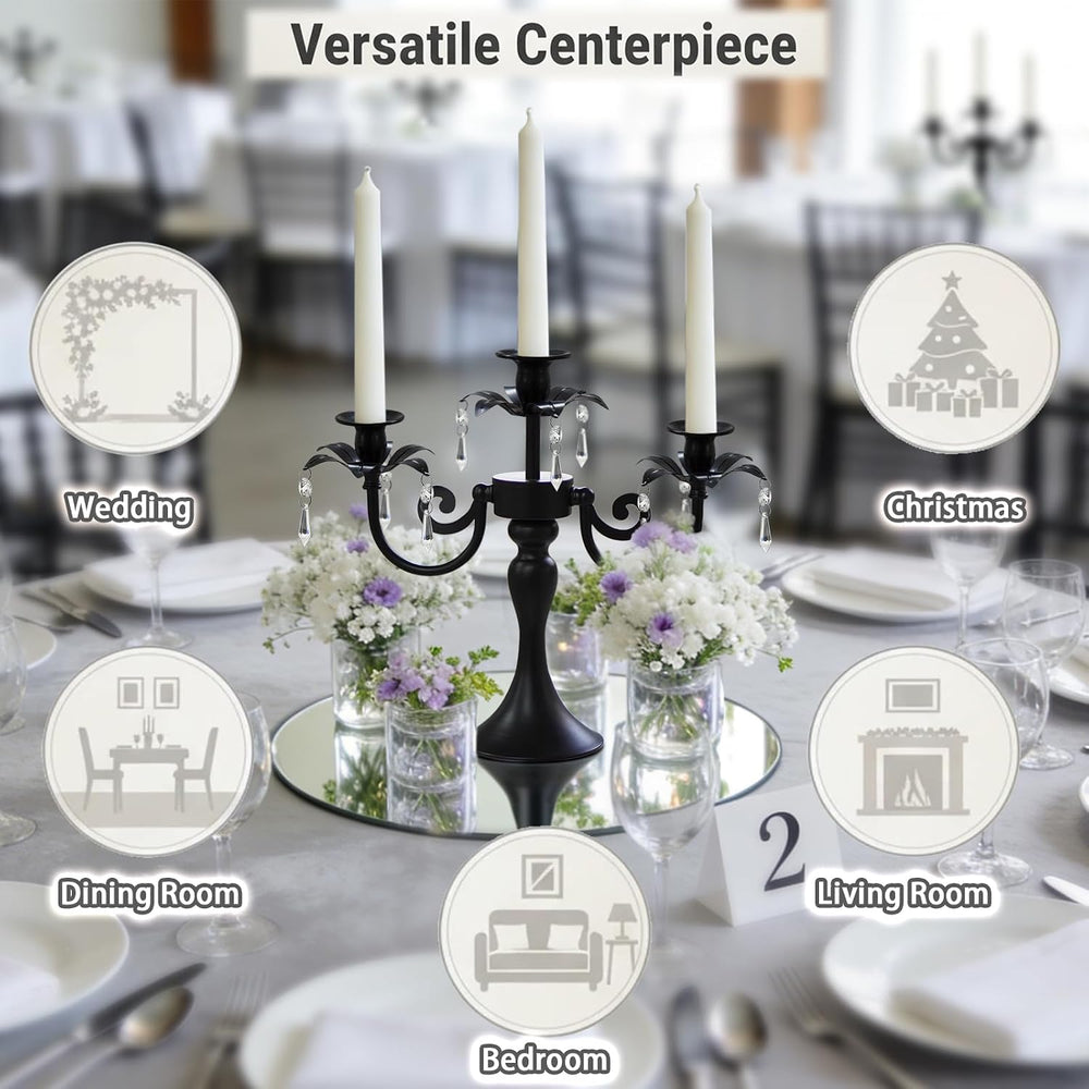 Metal 3 Arm Candelabra with Crystal Pendants - 11.8 Inch Tall Candle Holders,...