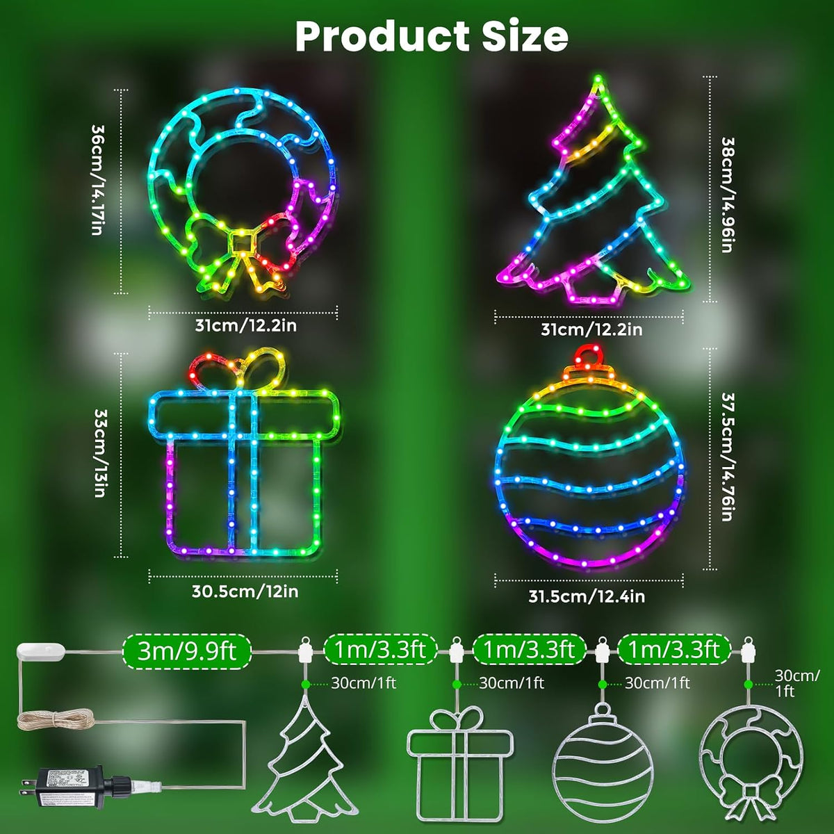 reshake 4 pack smart christmas window lights, rgb, front angle view