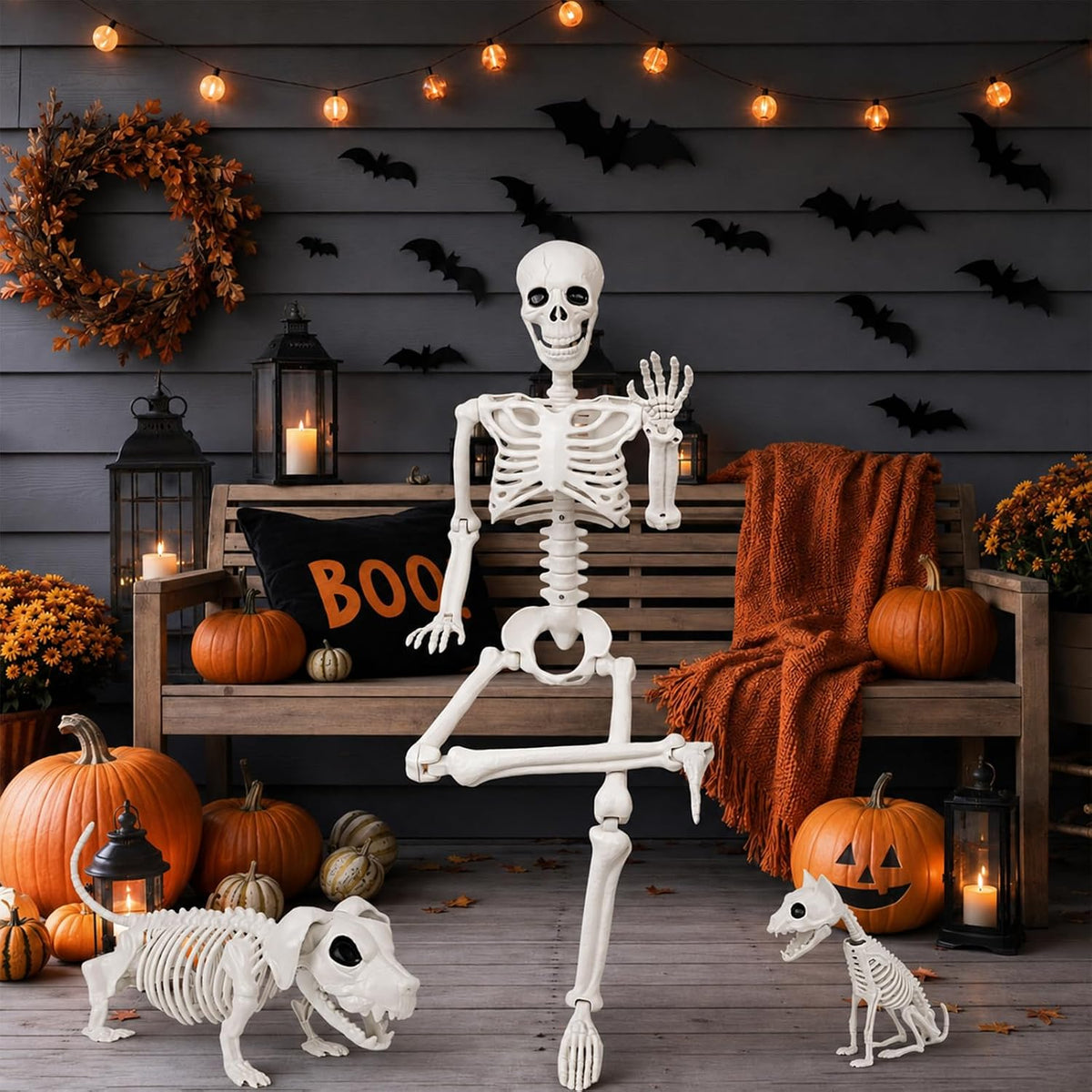 36" Halloween Skeleton Decorations - 3FT Posable Skeleton with Dog & Cat