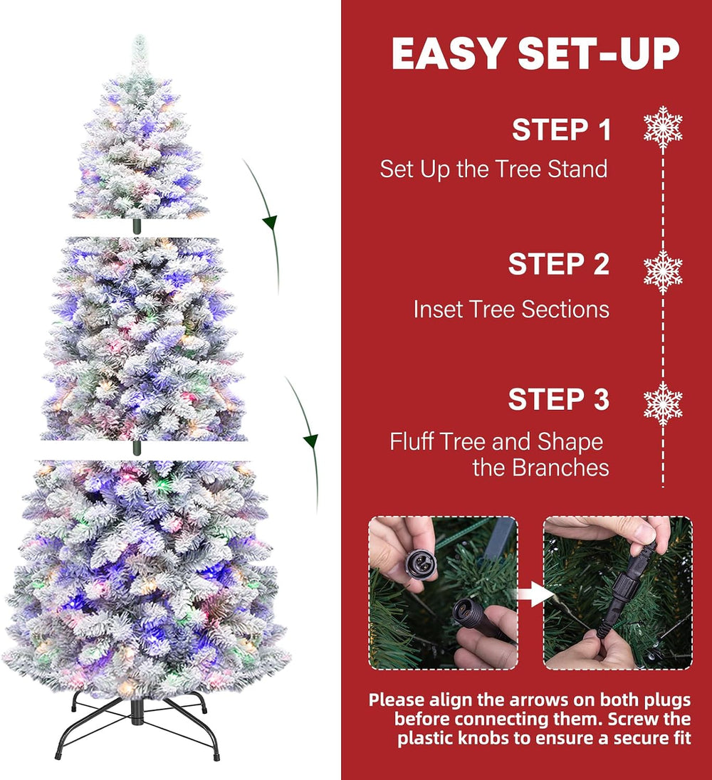 Hykolity 7.5ft Prelit Slim Flocked Christmas Tree with 240 Multicolor LEDs
