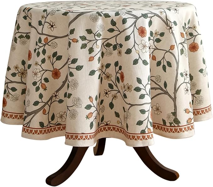 ISAENNE Designer Floral Round Tablecloth,French Linen Light Beige Indoor Table Cloth,Fall Wrinkle Resistant Decor Tablecloths for Dining Thanksgiving Kitchen Party,Diameter 67"-Flora A